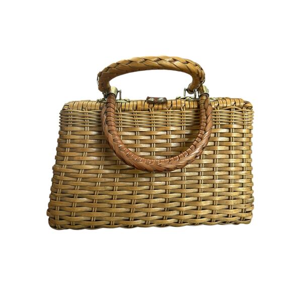 Vintage Lucky Bag Turn Lock Wicker Purse Leather Trim Heart Boho Fabric Lined - Picture 5 of 10